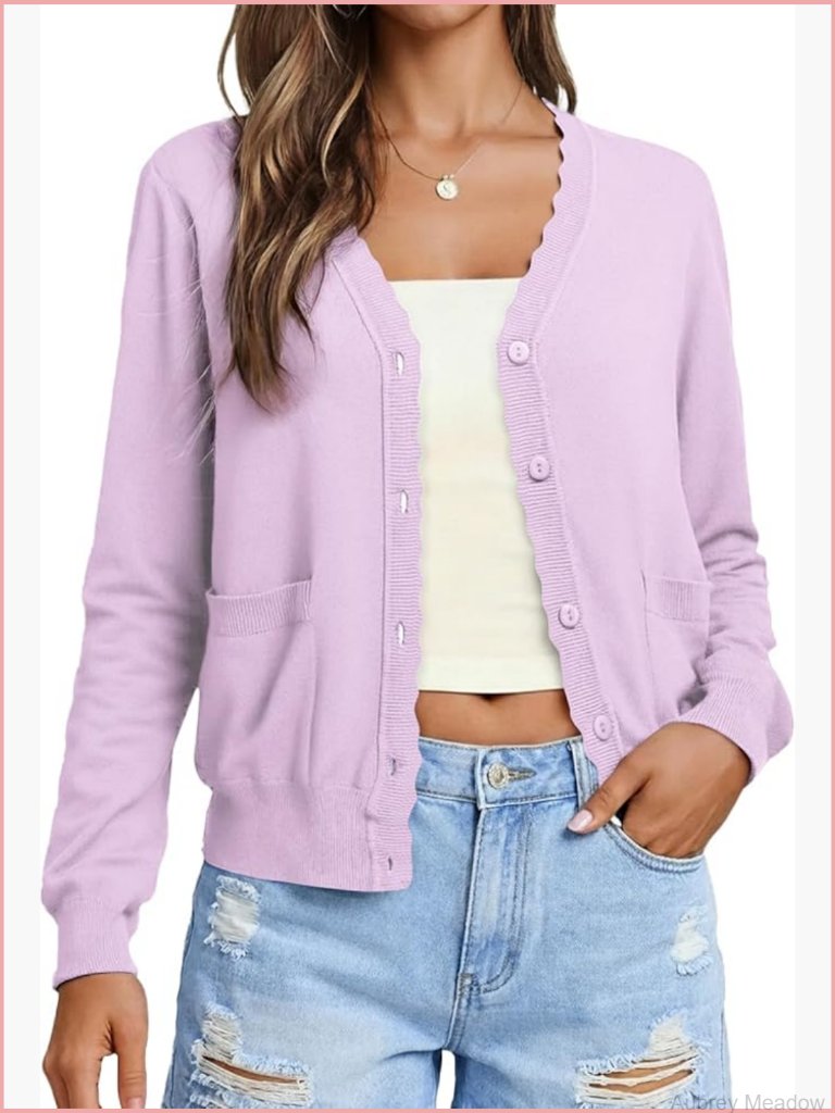 Long Sleeve V Neck Button Up Lightweight Cardigan With Pockets Knit Open Front